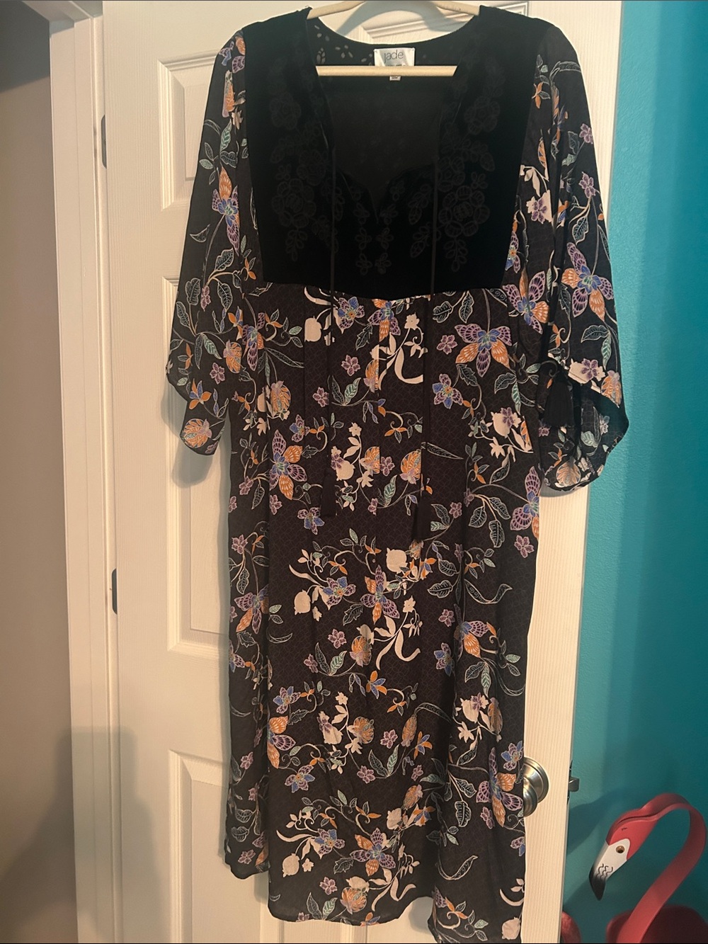 Johnny Was Black Floral Velvet-Trim Midi Dress